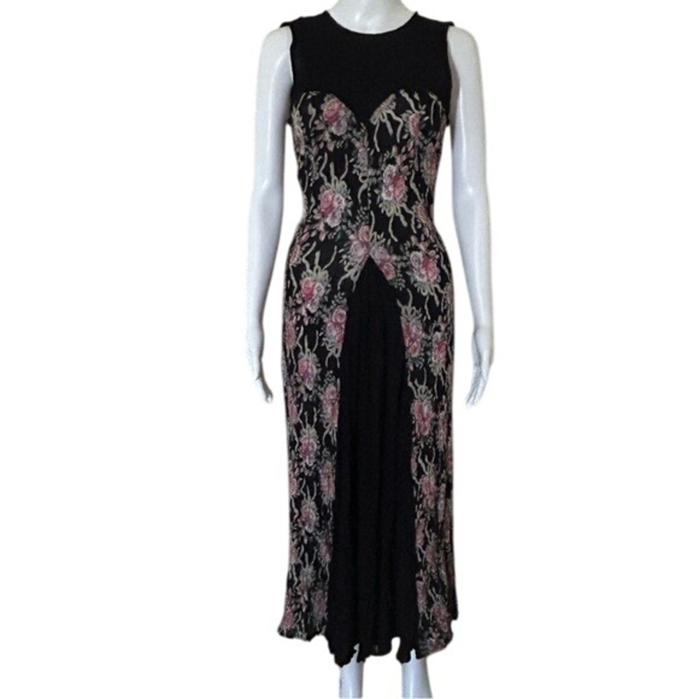 Vintage Nostalgia Black Floral Short Sleeve Crinkled Romantic Maxi Dress Small